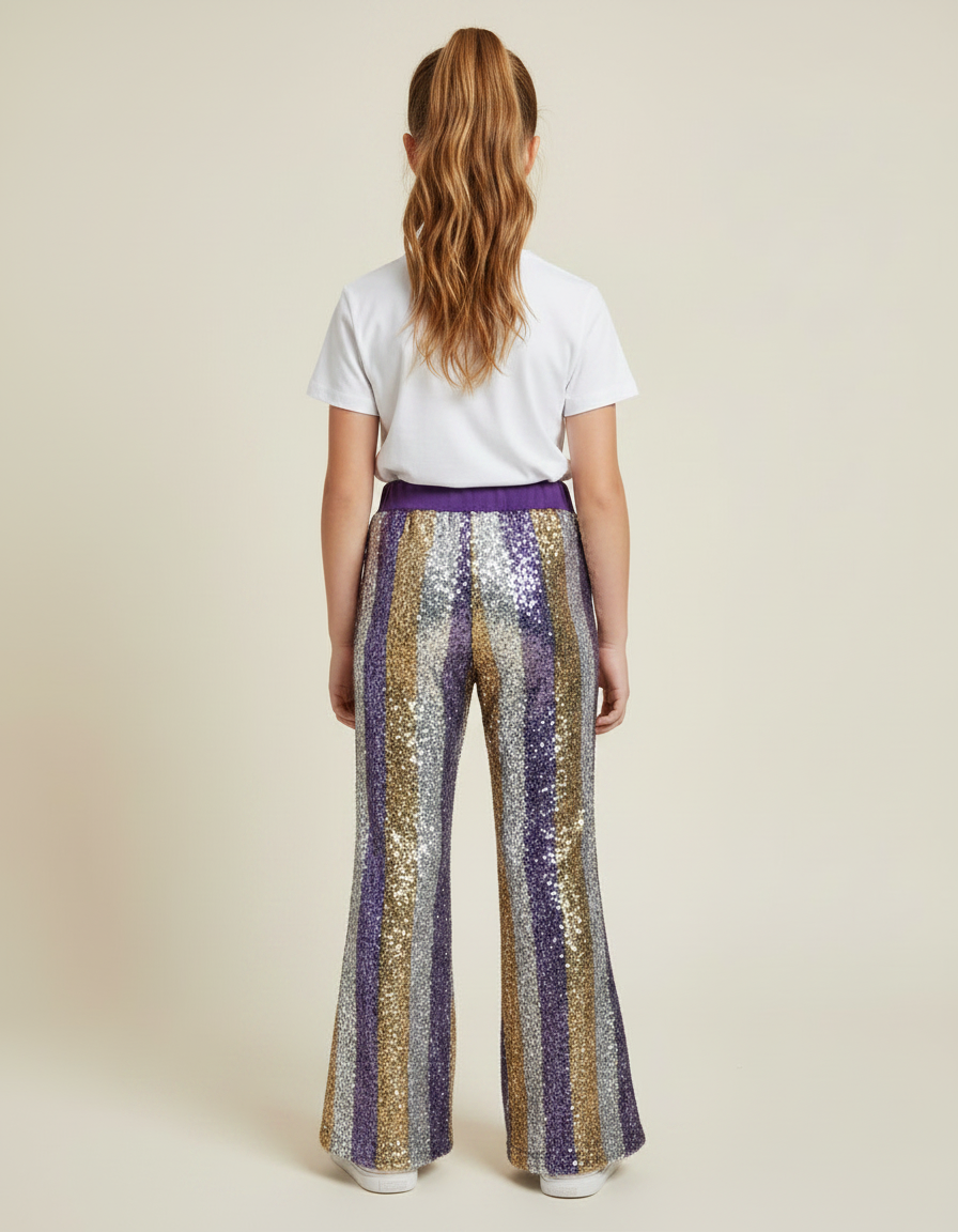Pantalon Fluide Paillettes Rayé Évasé Confortable Brillant - Multicolore Polyester - vue 2