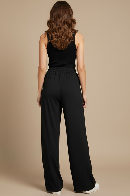 Pantalon Fluide Noir Ample Taille Haute Drapé Décontracté - Viscose - vue 2