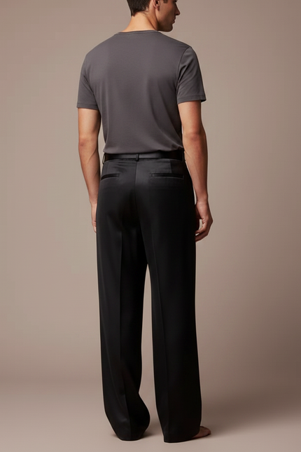 Pantalon Fluide Noir Satin Plissé Ample Homme - vue 2