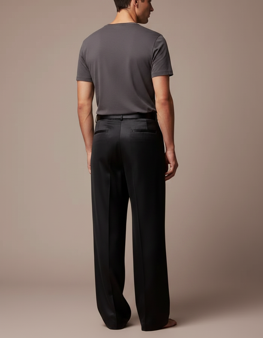 Pantalon Fluide Noir Satin Plissé Ample Homme - vue 2