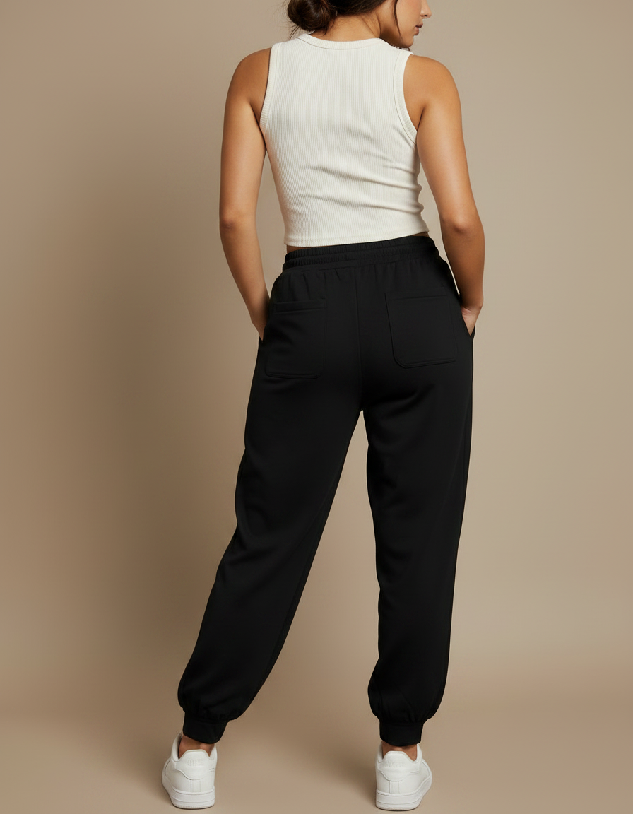 Pantalon Fluide Noir Ample Cordon Décontracté Sport - Polyester - vue 2