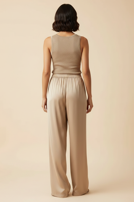 Pantalon Fluide Beige Satiné Ample Taille Haute Élégant - vue 2