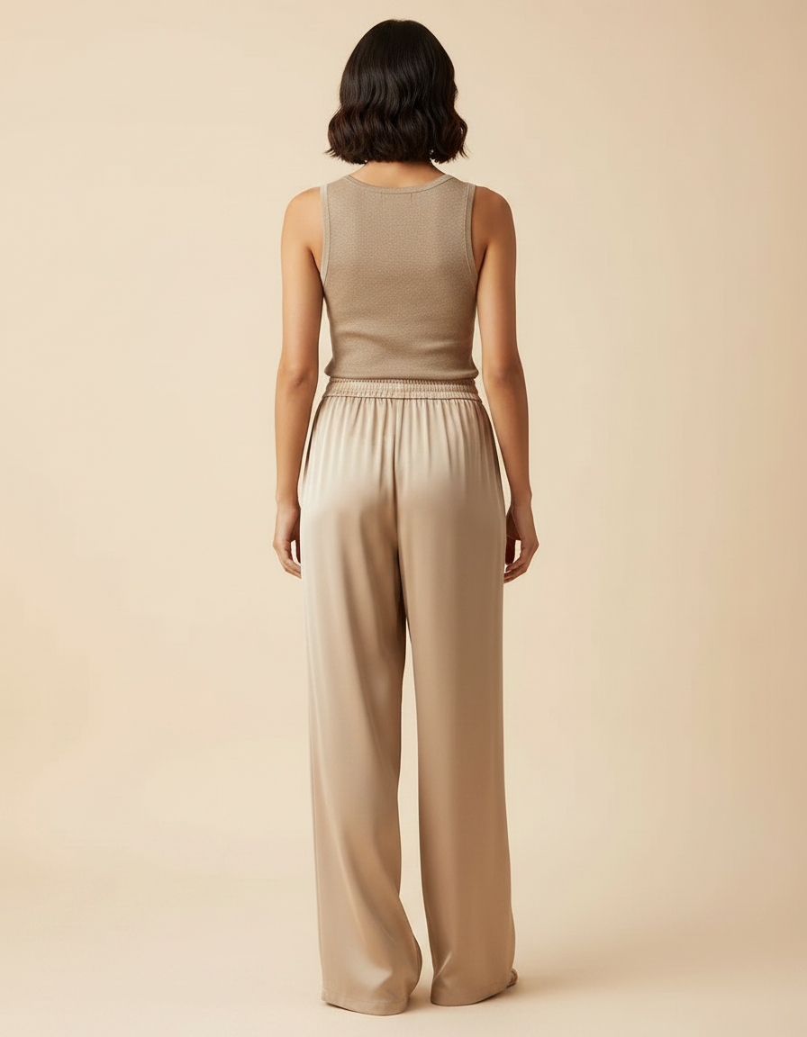 Pantalon Fluide Beige Satiné Ample Taille Haute Élégant - vue 2