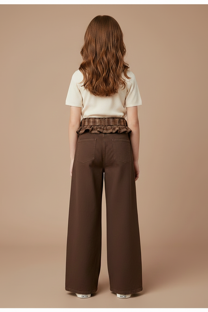 Pantalon Fluide Marron Ample Ceinture Plaid Fille - Gabardine - vue 2