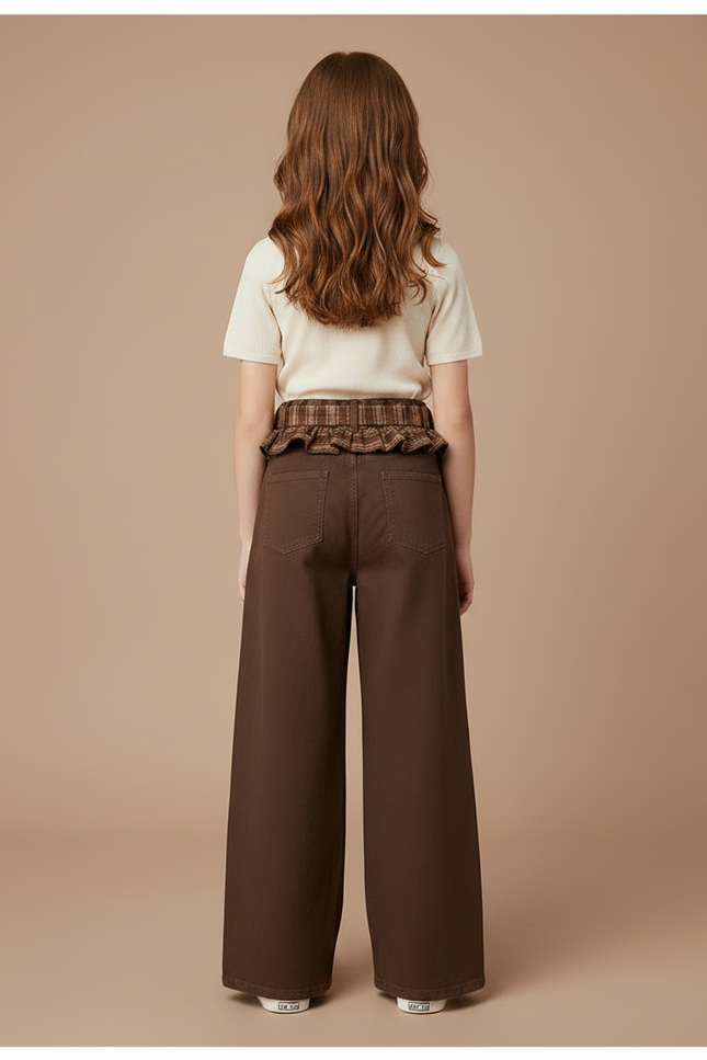 Pantalon Fluide Marron Ample Ceinture Plaid Fille - Gabardine - vue 2