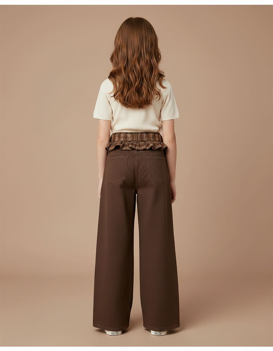 Pantalon Fluide Marron Ample Ceinture Plaid Fille - Gabardine - vue 2