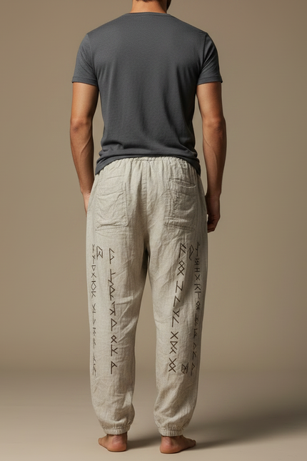 Pantalon Fluide Écru Lin Ample Imprimé Viking Homme - Beige - vue 2