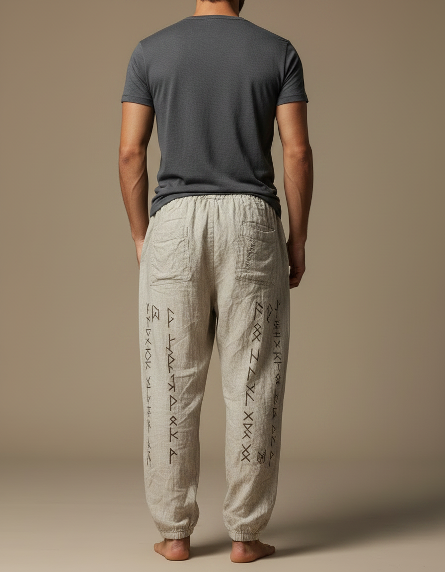 Pantalon Fluide Écru Lin Ample Imprimé Viking Homme - Beige - vue 2