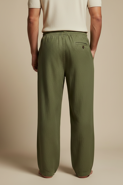 Pantalon Fluide Vert Lin Ample Décontracté Cordon Homme - Kaki - vue 2