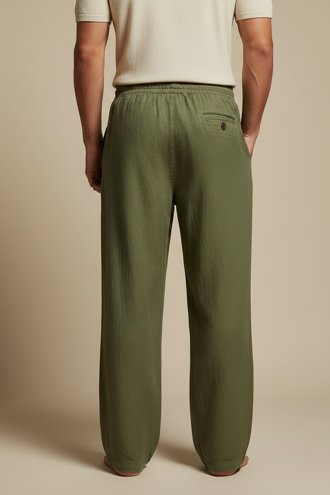 Pantalon Fluide Vert Lin Ample Décontracté Cordon Homme - Kaki - vue 2