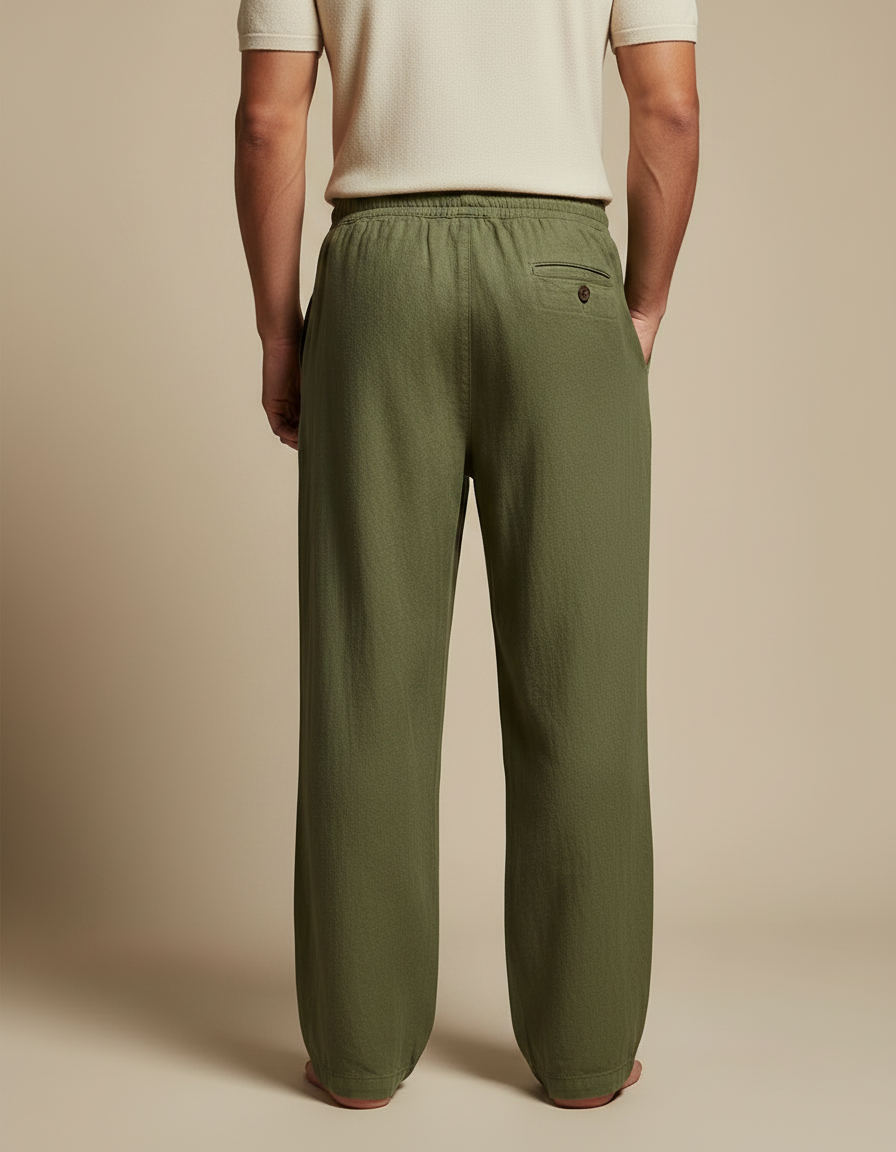 Pantalon Fluide Vert Lin Ample Décontracté Cordon Homme - Kaki - vue 2