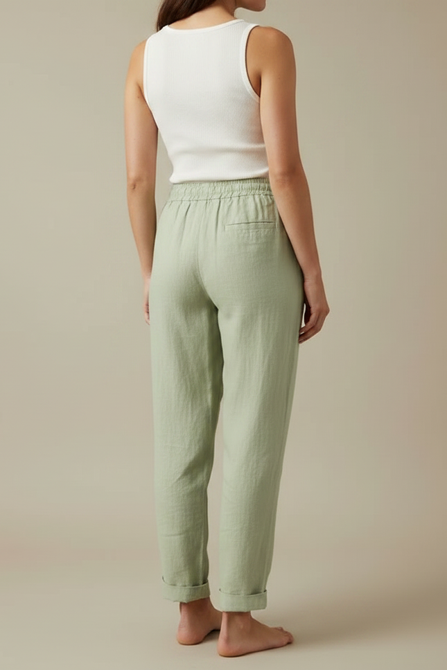 Pantalon Fluide Vert Lin Coton Ample Décontracté Cordon - vue 2