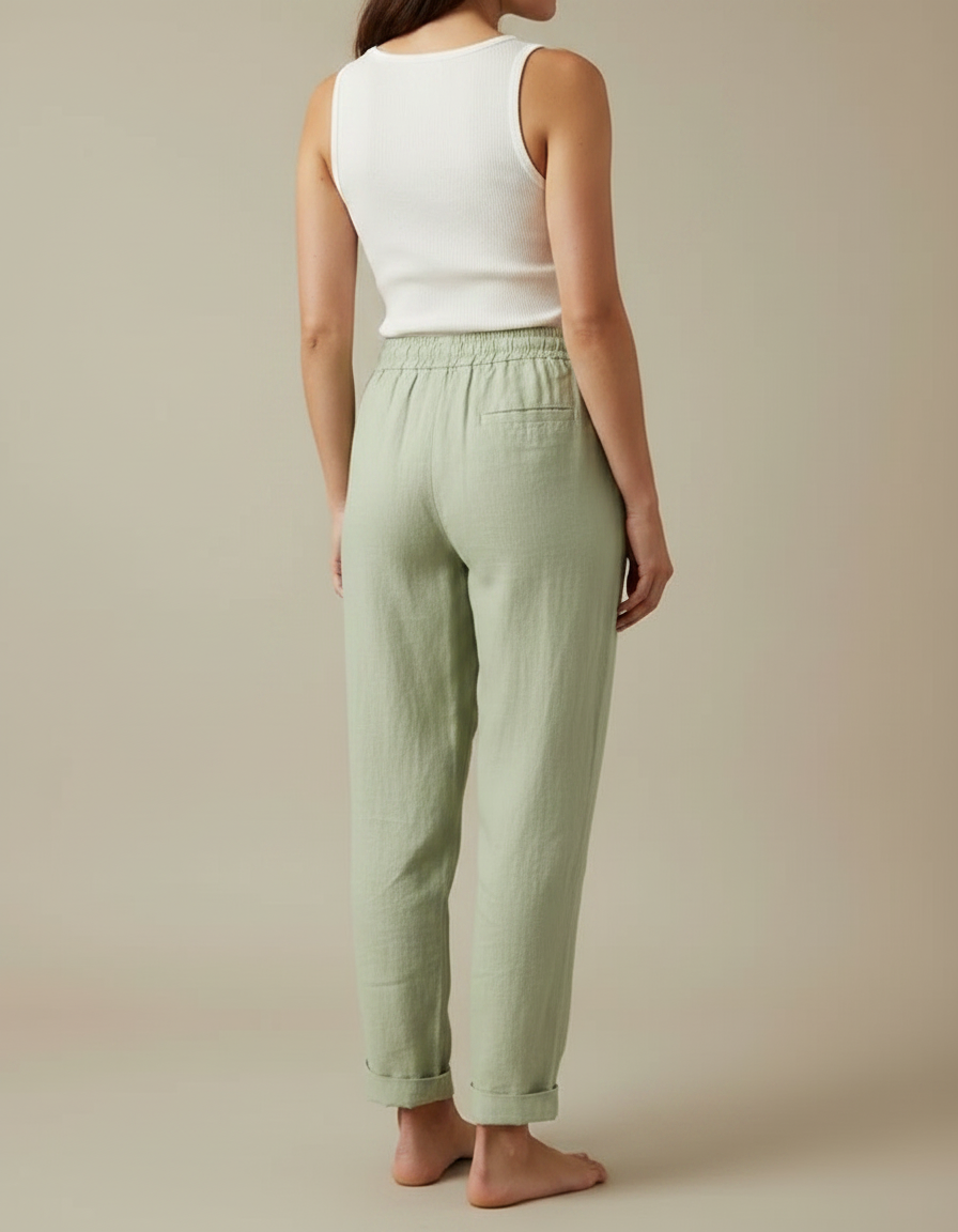 Pantalon Fluide Vert Lin Coton Ample Décontracté Cordon - vue 2