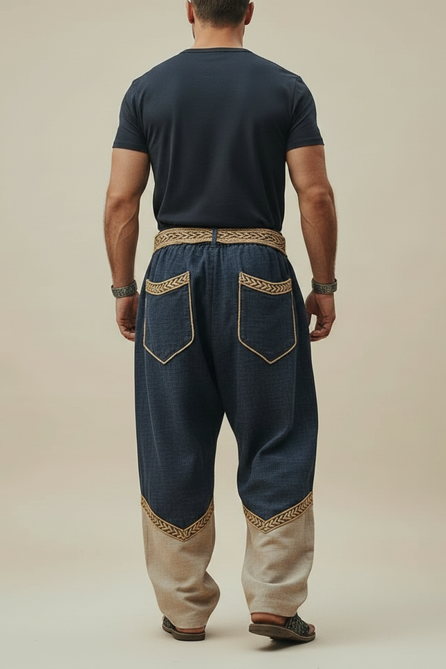 Pantalon Fluide Bicolore Ample Brodé Viking Homme - Marine Lin - vue 2