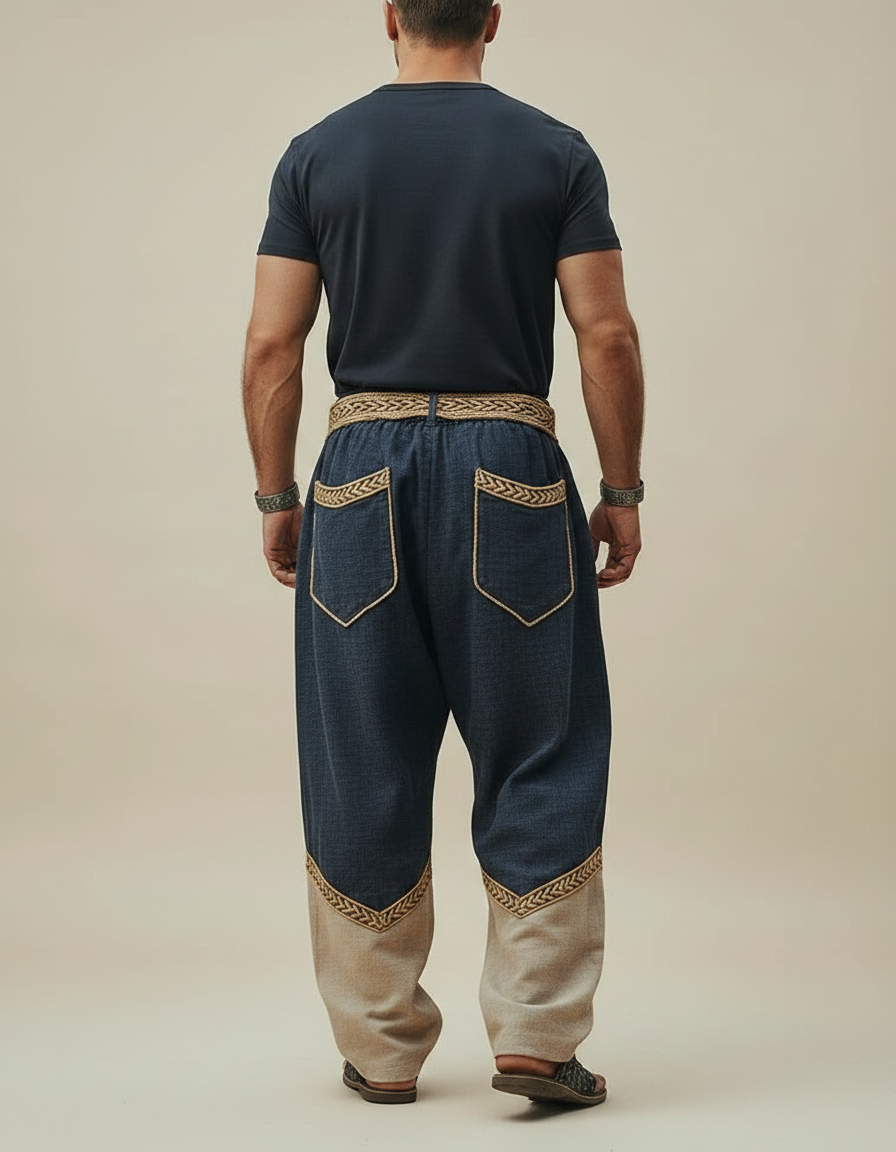 Pantalon Fluide Bicolore Ample Brodé Viking Homme - Marine Lin - vue 2