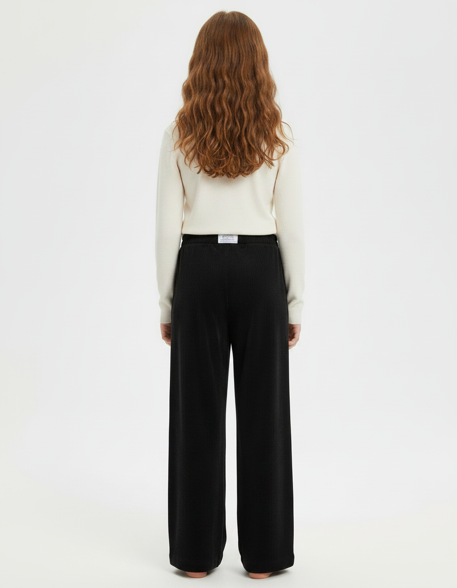 Pantalon Fluide Noir Velours Côtelé Ample Décontracté - Cordé - vue 2