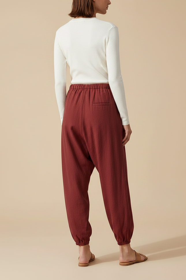 Pantalon Fluide Brique Ample Cordon Cheville Confortable - Bordeaux Coton - vue 2
