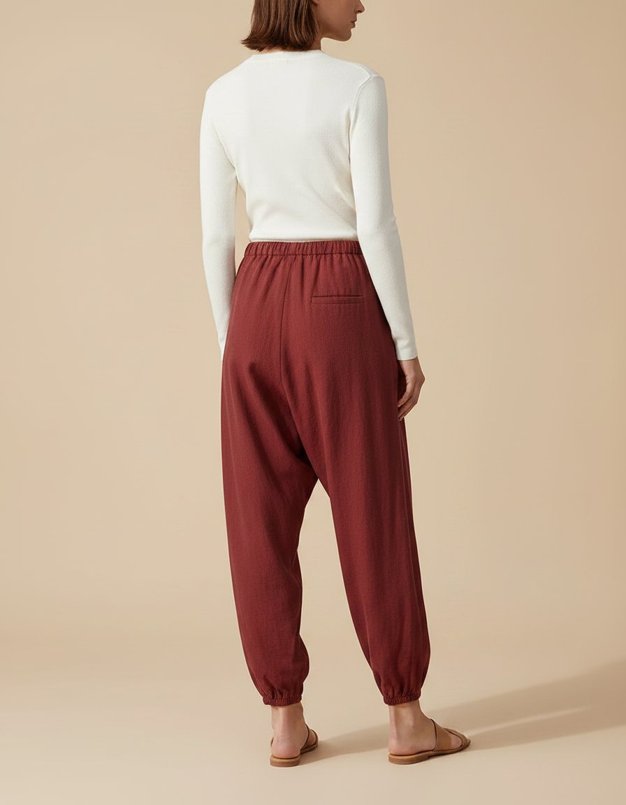 Pantalon Fluide Brique Ample Cordon Cheville Confortable - Bordeaux Coton - vue 2