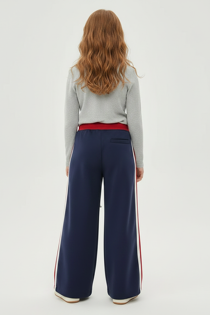 Pantalon Fluide Bleu Marine Rayures Blanches Rouges Décontracté - Molleton - vue 2