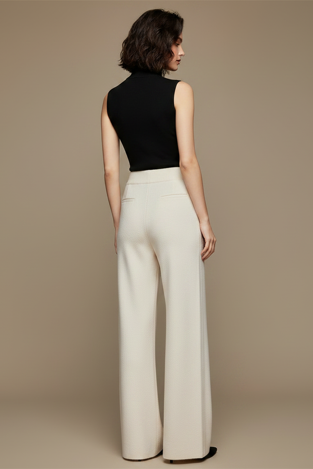 Pantalon Fluide Blanc Cassé Maille Ample Décontracté Femme - Beige - vue 2
