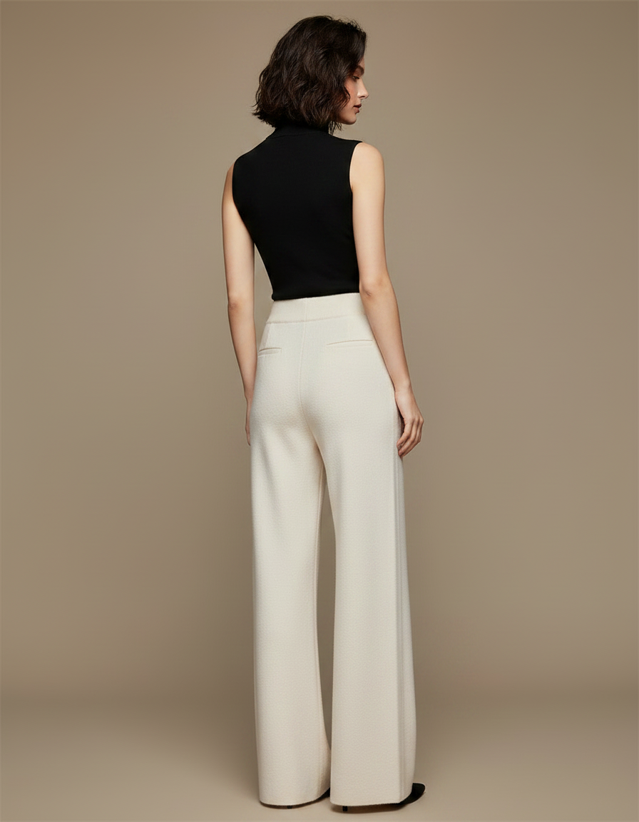 Pantalon Fluide Blanc Cassé Maille Ample Décontracté Femme - Beige - vue 2
