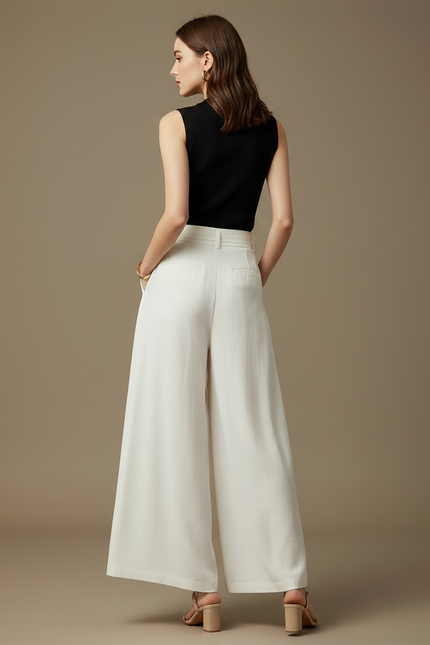 Pantalon Fluide Blanc Ample Taille Haute Casual Femme - Lin - vue 2