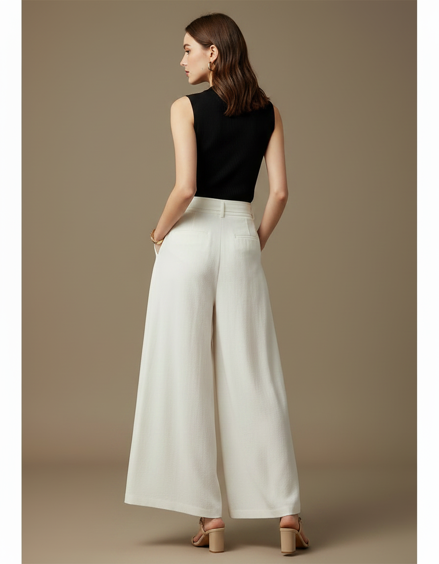 Pantalon Fluide Blanc Ample Taille Haute Casual Femme - Lin - vue 2