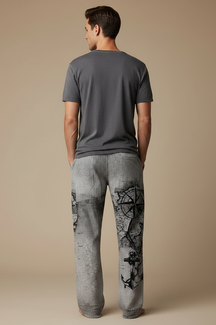 Pantalon Fluide Gris Ample Imprimé Boussole Ancre Décontracté - Molleton - vue 2