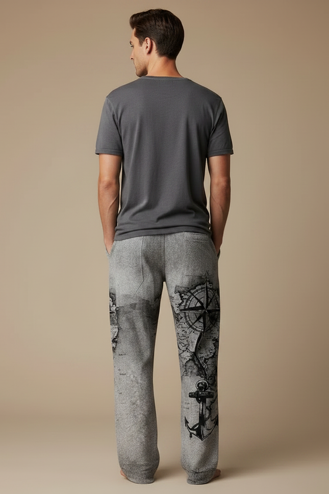 Pantalon Fluide Gris Ample Imprimé Boussole Ancre Décontracté - Molleton - vue 2
