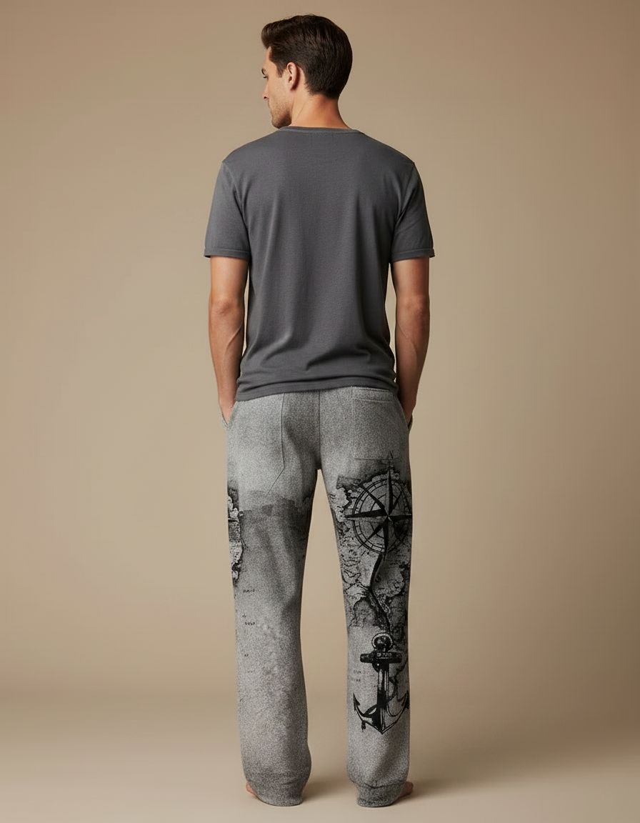 Pantalon Fluide Gris Ample Imprimé Boussole Ancre Décontracté - Molleton - vue 2