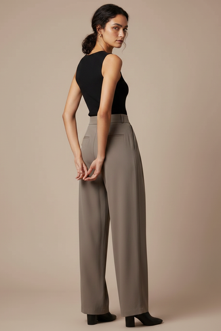 Pantalon Fluide Gris Ample Plissé Élégant Taille Haute - Kaki Polyester - vue 2