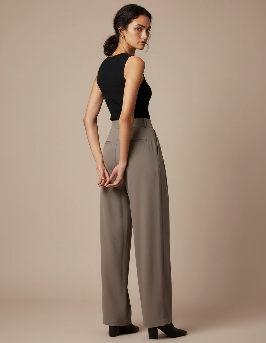 Pantalon Fluide Gris Ample Plissé Élégant Taille Haute - Kaki Polyester - vue 2