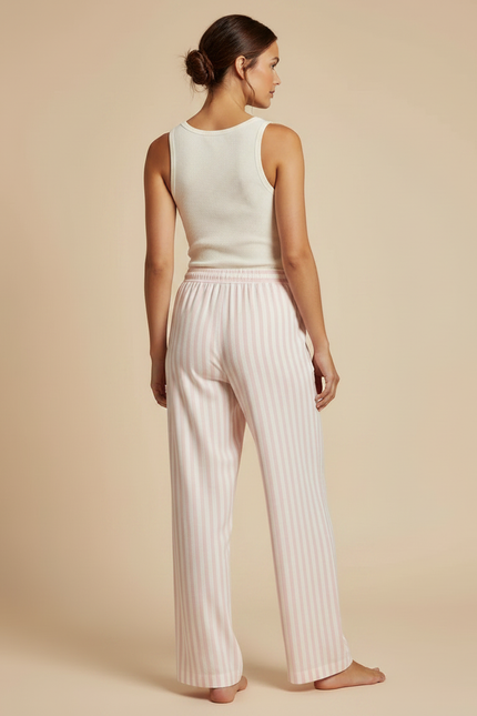 Pantalon Fluide Rayé Rose Blanc Ample Doux Coton - Imprimé Viscose - vue 2