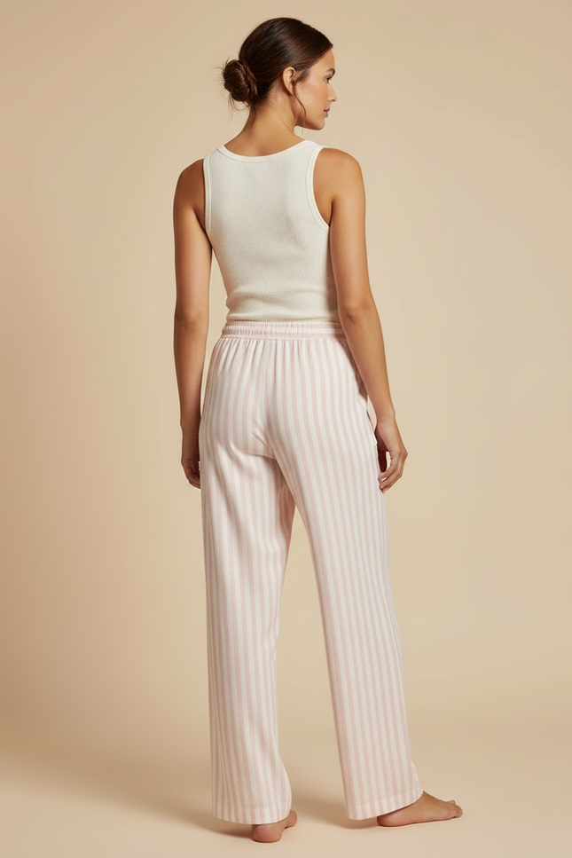 Pantalon Fluide Rayé Rose Blanc Ample Doux Coton - Imprimé Viscose - vue 2