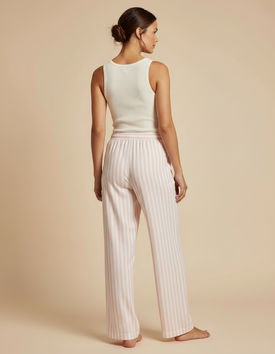 Pantalon Fluide Rayé Rose Blanc Ample Doux Coton - Imprimé Viscose - vue 2