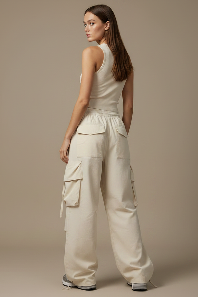 Pantalon Fluide Beige Large Cargo Décontracté Femme - Toile - vue 2