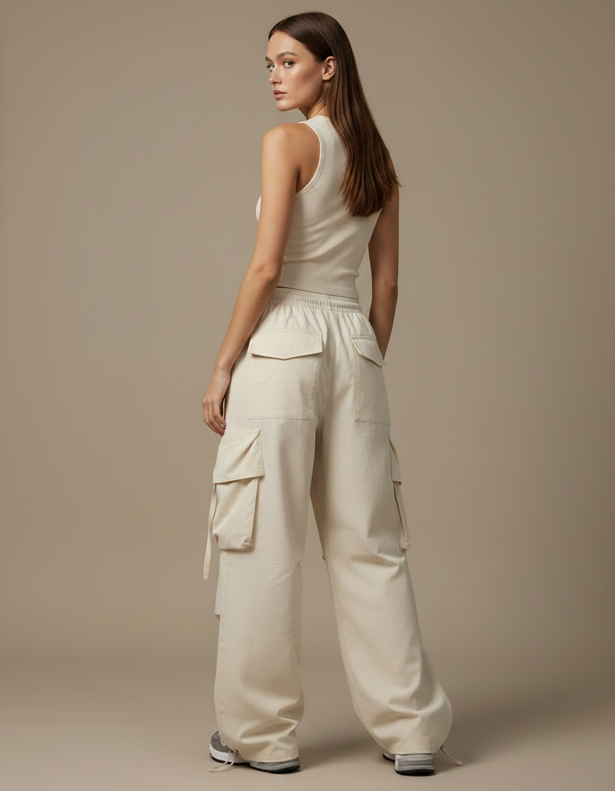 Pantalon Fluide Beige Large Cargo Décontracté Femme - Toile - vue 2