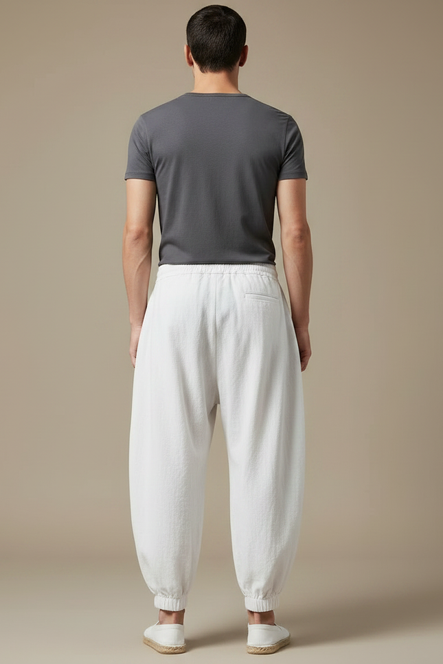 Pantalon Fluide Blanc Ample Coton Plissé Cordon - Lin - vue 2
