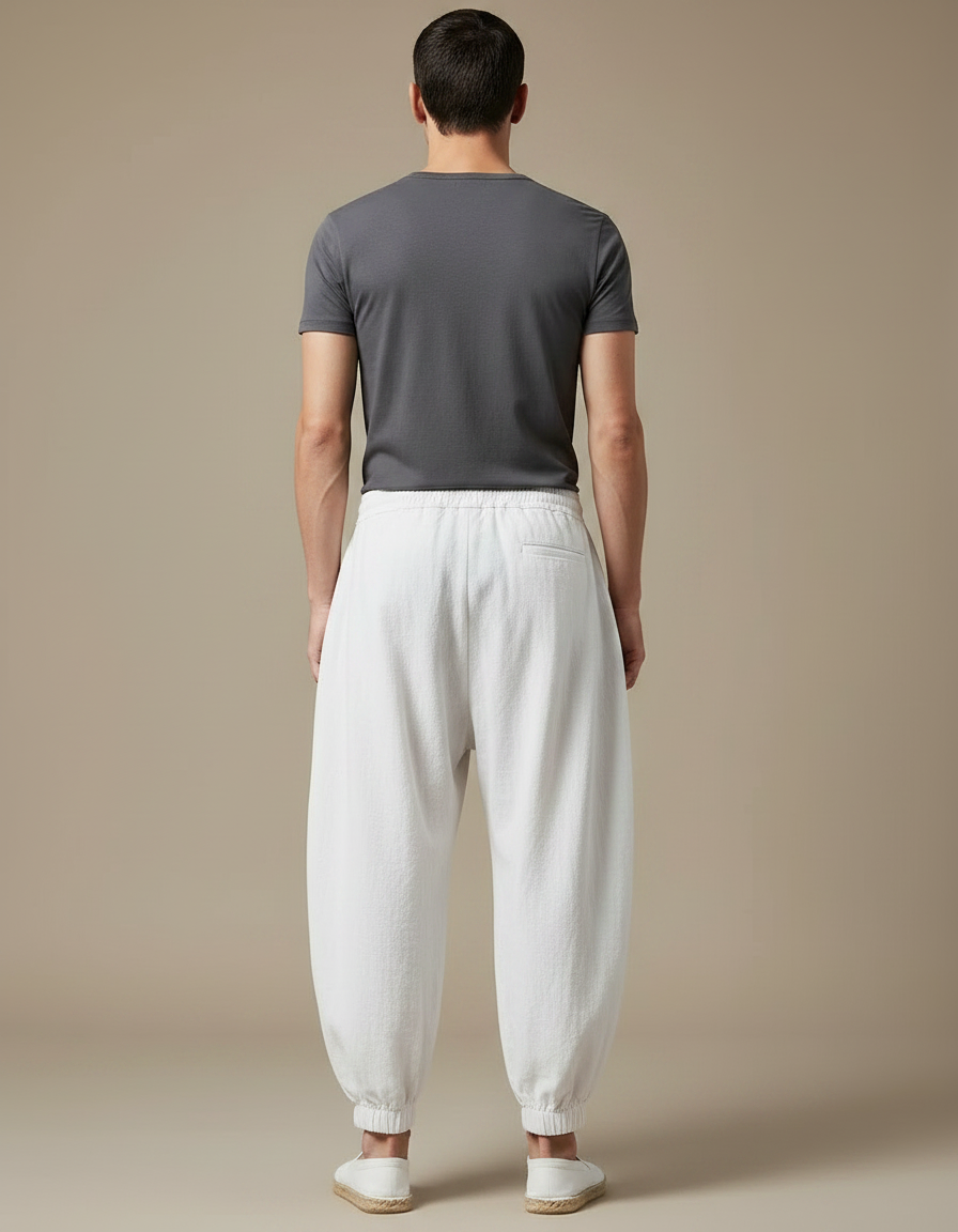 Pantalon Fluide Blanc Ample Coton Plissé Cordon - Lin - vue 2