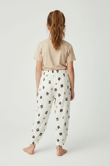 Pantalon Fluide Blanc Imprimé Oursons Muslin Enfant - Coton - vue 2