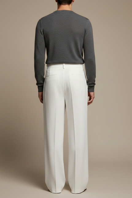 Pantalon Fluide Blanc Plissé Taille Haute Élégant Homme - Polyester - vue 2