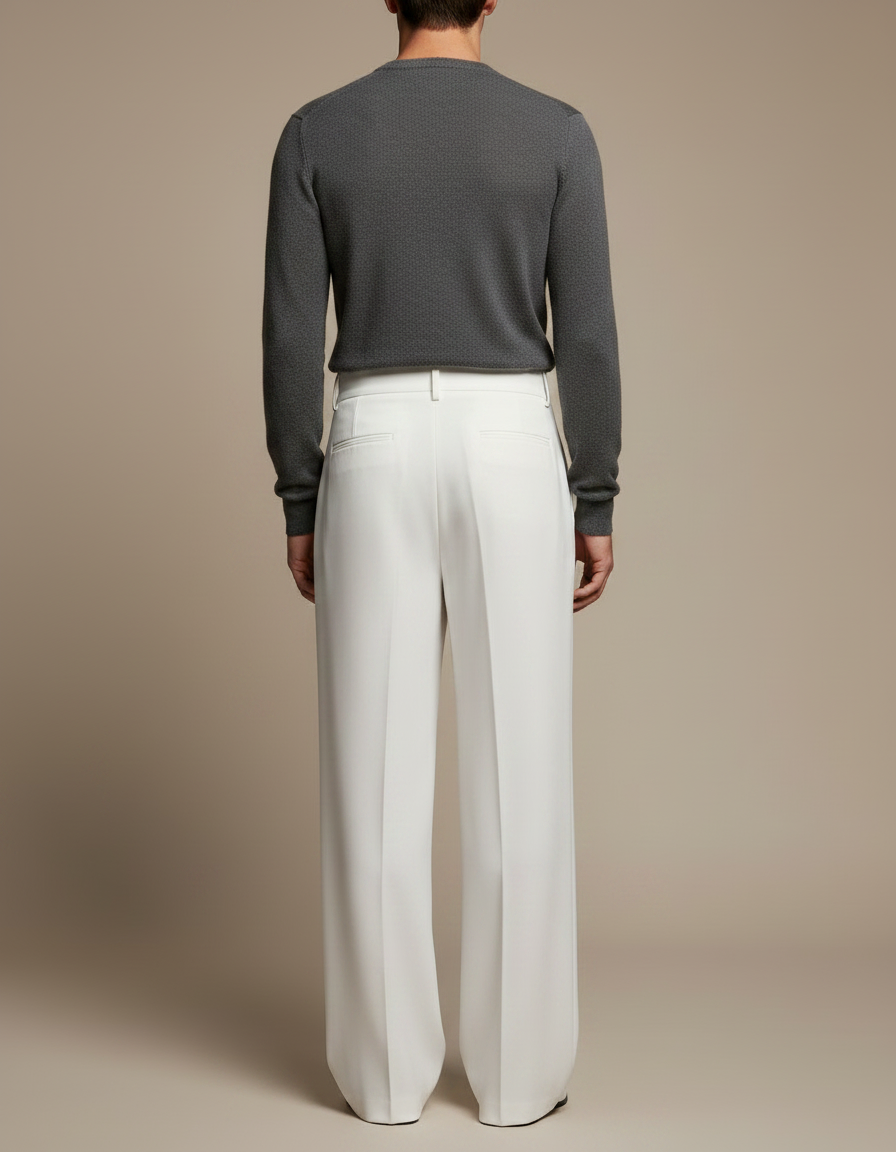 Pantalon Fluide Blanc Plissé Taille Haute Élégant Homme - Polyester - vue 2