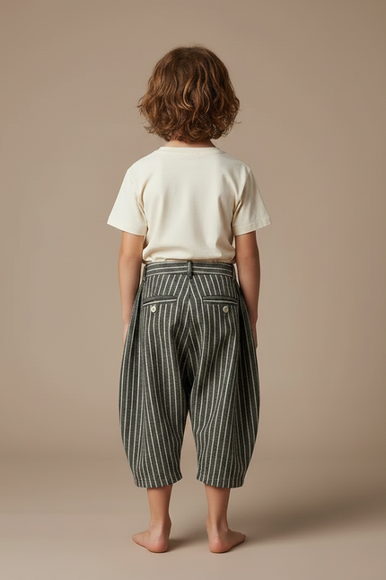 Pantalon Fluide Rayé Vert Coton Ample Unisexe - vue 2