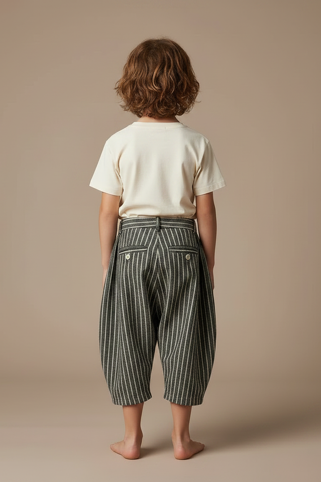 Pantalon Fluide Rayé Vert Coton Ample Unisexe - vue 2