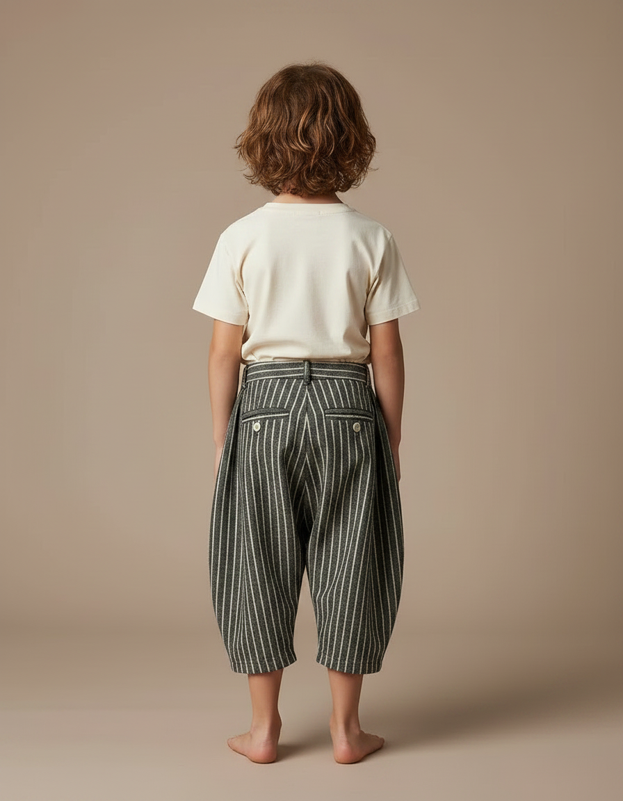 Pantalon Fluide Rayé Vert Coton Ample Unisexe - vue 2
