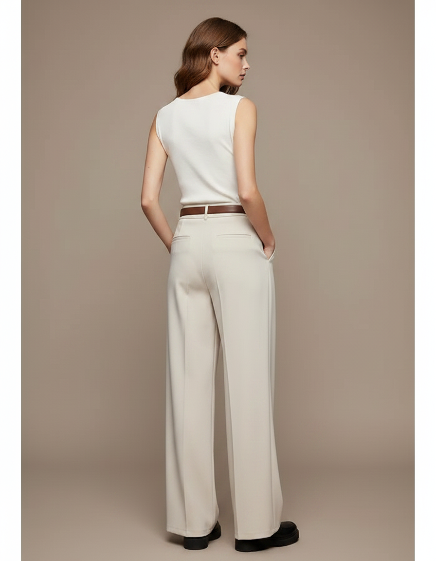 Pantalon Fluide Beige Large Taille Haute Élégant - Viscose - vue 2