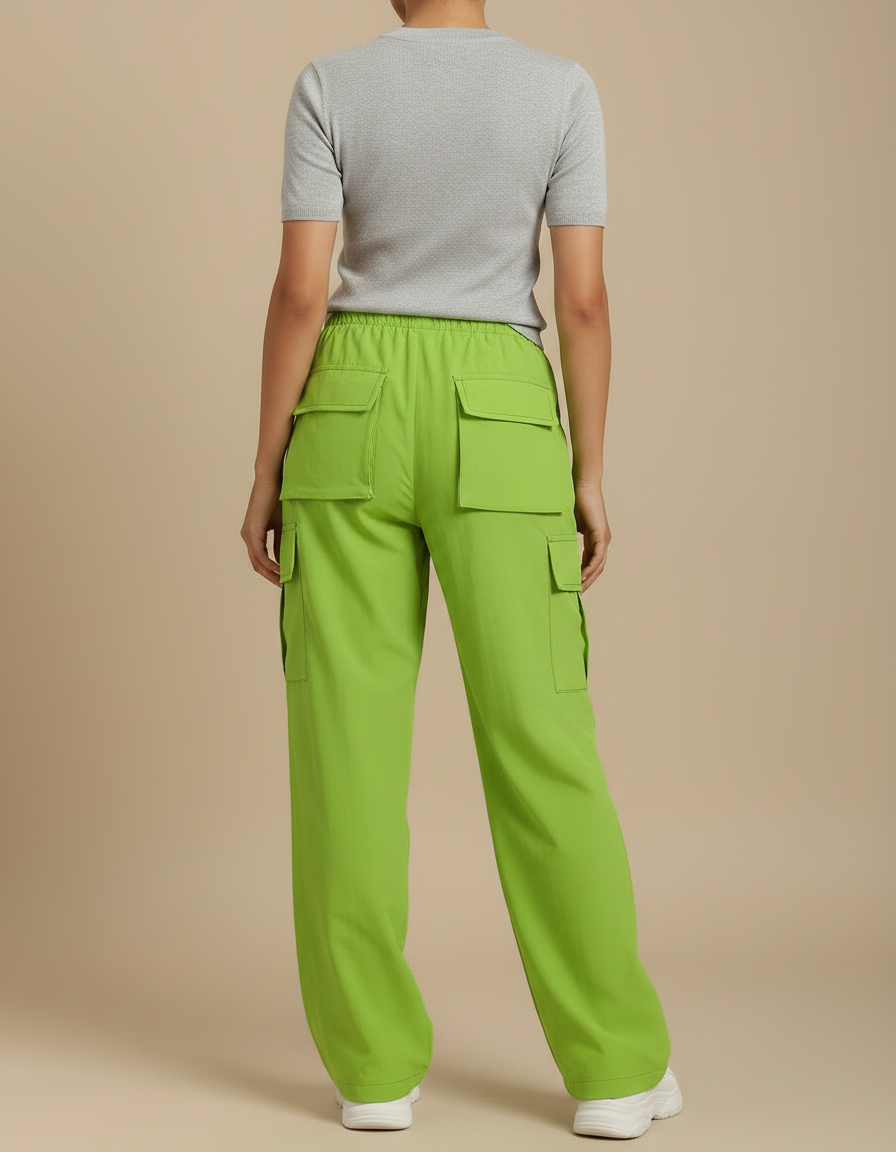 Pantalon Fluide Vert Pomme Cargo Ample Décontracté - Polyester - vue 2