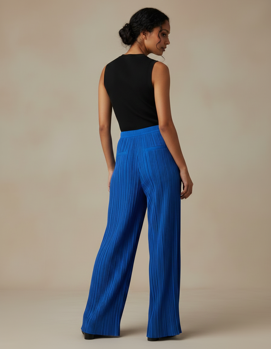 Pantalon Fluide Plissé Bleu Royal Ample Élégant - Polyester - vue 2