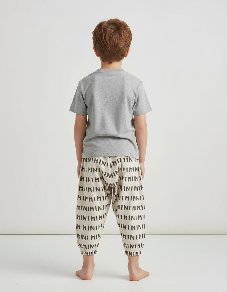 Pantalon Fluide Écru Imprimé Minimaliste Coton Ample Enfant - Beige - vue 2