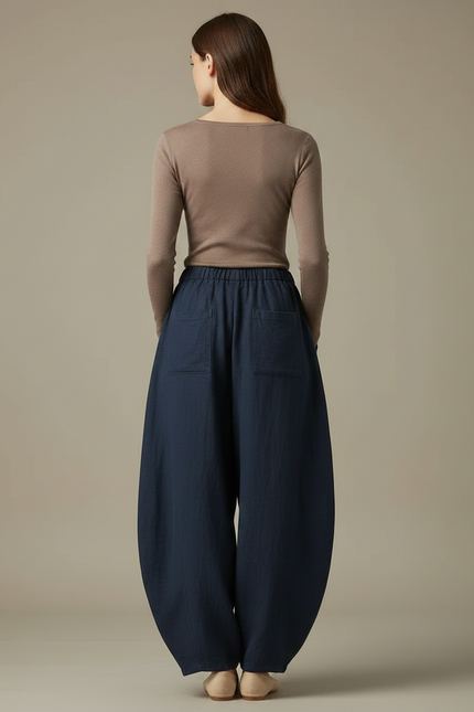 Pantalon Fluide Bleu Marine Ample Lin Coton Femme - vue 2
